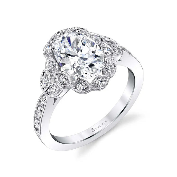 Oval Diamond Floral Halo Engagement Ring with Milgrain - 1