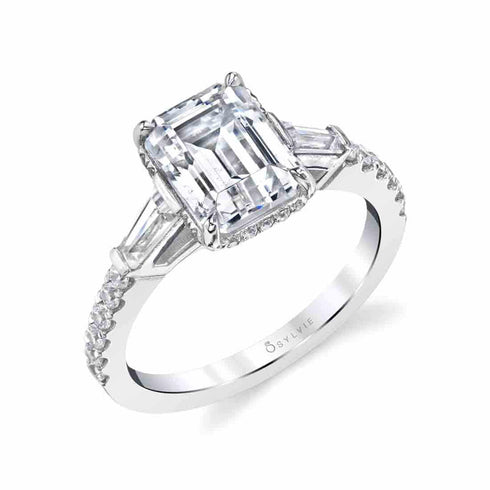 Emerald Cut Three-Stone Engagement Ring with Tapered Baguettes - 1
