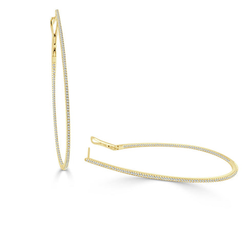 14k Gold & Diamond Skinny Hoop Earrings 2-1/2" - 0.80ct - 1