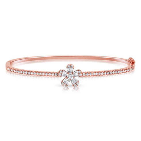 Baguettes And Diamond Flower Bangle - 1