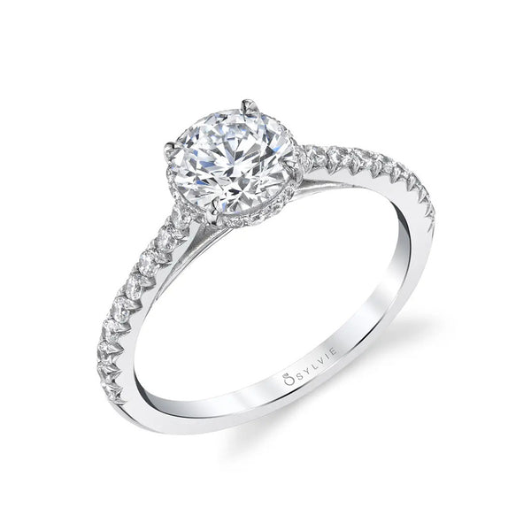 Round Diamond Hidden Halo Pavé Engagement Ring in White Gold - 1