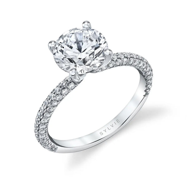 Round Brilliant Engagement Ring with Triple Row Micro-Pavé Band - 1