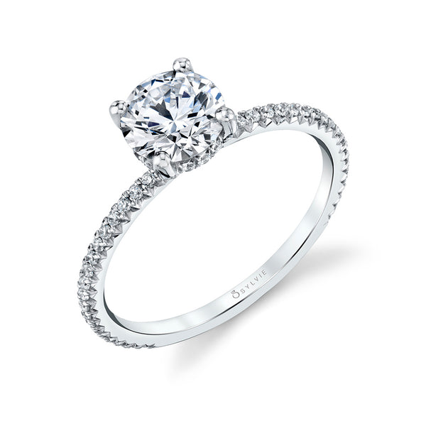 Round Diamond Engagement Ring with Thin Pavé Diamond Band - 1