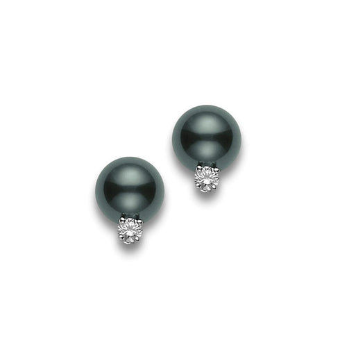 Black South Sea Stud Earrings with Diamonds 11mm A+ in 18K White Gold - 1