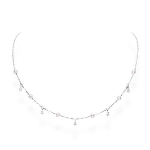 Akoya Cultured Pearl and Diamond Drop Necklace in 18K White Gold - 1