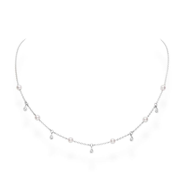 Akoya Cultured Pearl and Diamond Drop Necklace in 18K White Gold - 1