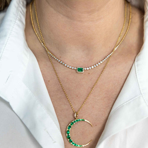 Yellow Gold Necklace With Emerald And Diamond Moon Pendant - 2