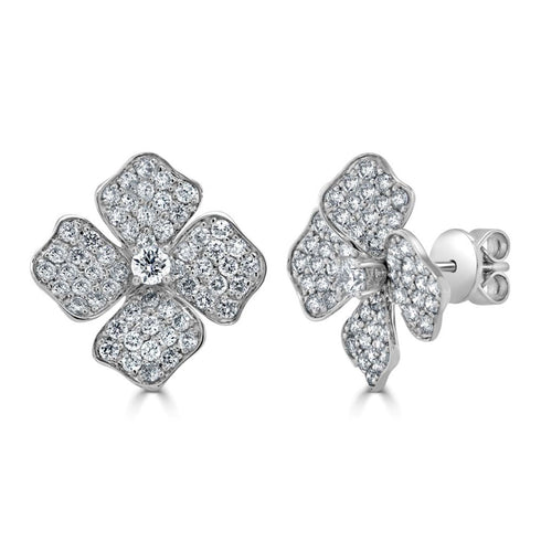 14K Gold & Diamond Flower Stud Earrings - 1.60ct - 1