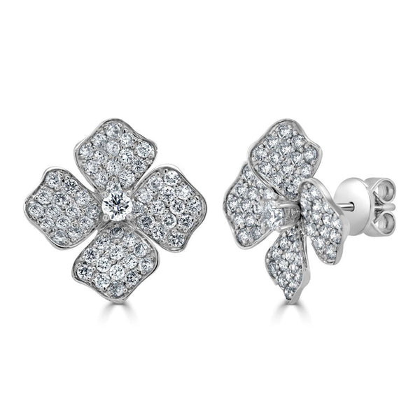 14K Gold & Diamond Flower Stud Earrings - 1.60ct - 1