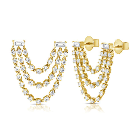 14K Gold & Diamond Stud Chain Earring For Double Hole Piercing - 1