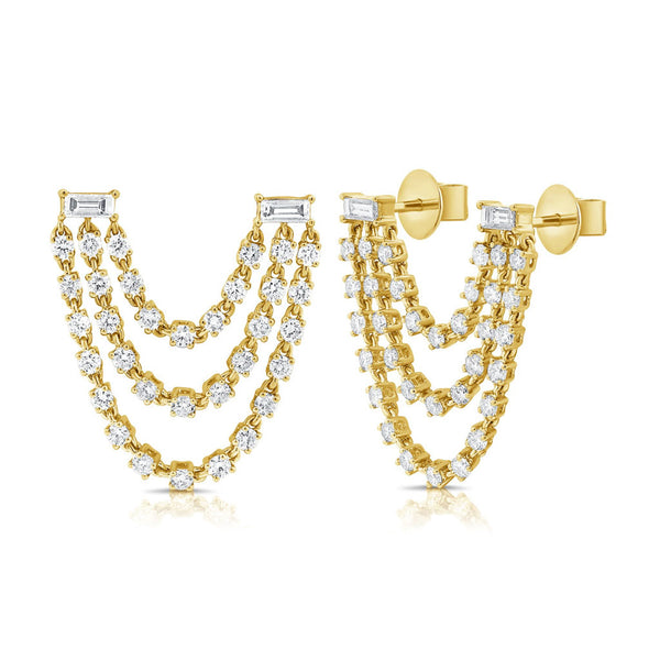 14K Gold & Diamond Stud Chain Earring For Double Hole Piercing - 1