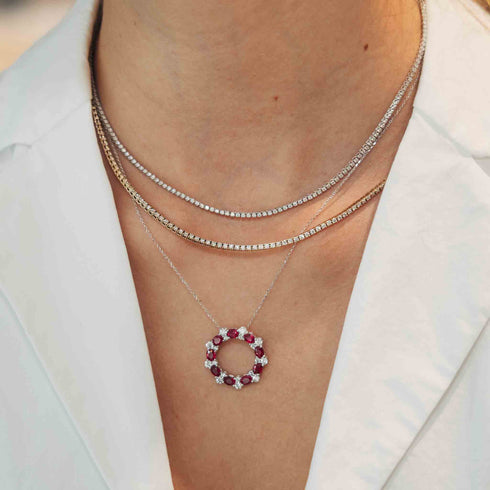 White Gold Pink Sapphire & Diamond Circle Pendant Necklace - 2