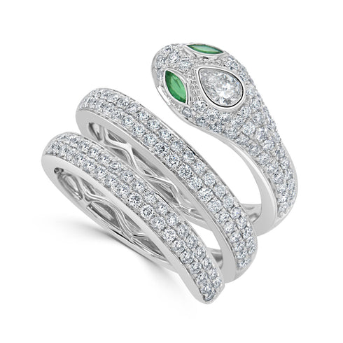 14k Gold Diamond & Emerald Snake Wrap Ring - 1.06ct - 1