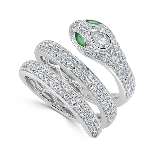 14k Gold Diamond & Emerald Snake Wrap Ring - 1.06ct - 1