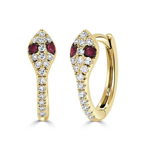 14K Gold Diamond & Ruby Snake Huggie Earrings - 2