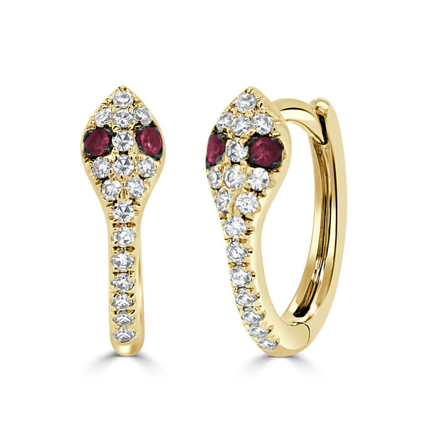 14K Gold Diamond & Ruby Snake Huggie Earrings - 2