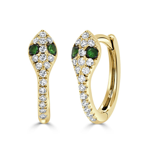 14K Gold Diamond & Tsavorite Snake  Huggie Earrings - 1