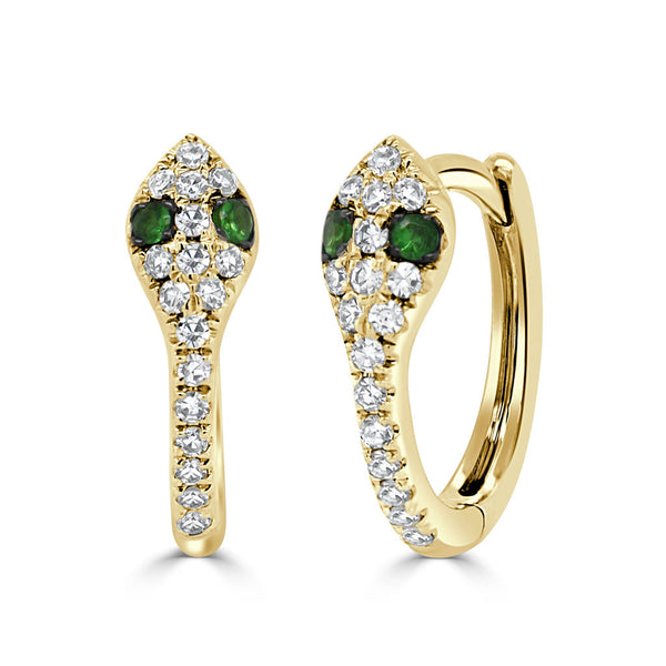 14K Gold Diamond & Tsavorite Snake  Huggie Earrings - 1