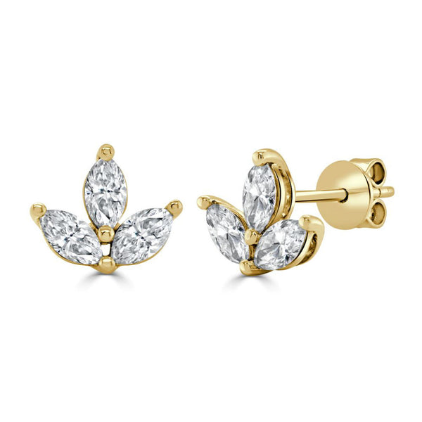 14K Gold & Marquise Diamond Flower Stud Earrings - 0.82ct - 1