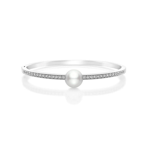 Classic White South Sea Cultured Pearl and Diamond Bangle Bracelet in 18K White Gold - 1