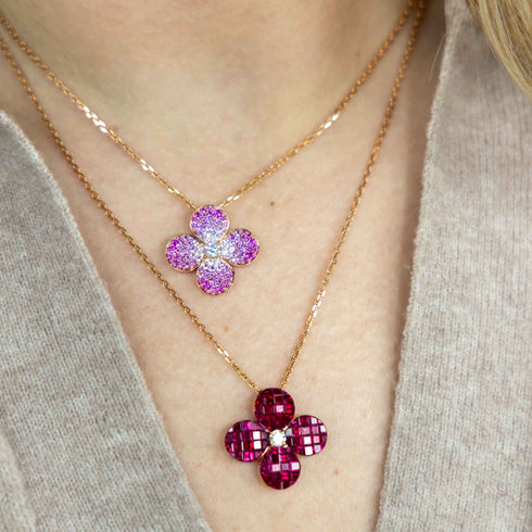 Rose Gold Necklace With Clover Shaped Pink Sapphire And Diamond Pendant - 2