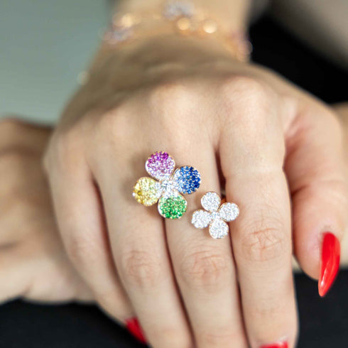 Rose Gold Sapphire And Diamond Flower Ring Fashion Ring - 2