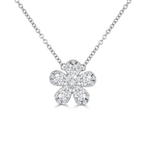 14K Gold Pear Shape & Round Diamond Flower Necklace - 0.61ct - 1