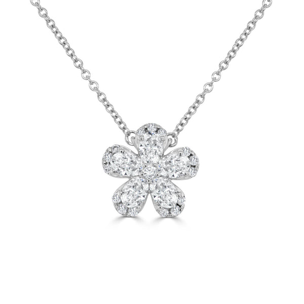 14K Gold Pear Shape & Round Diamond Flower Necklace - 0.61ct - 1