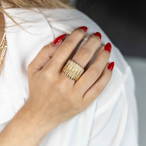 Yellow Gold Wide Ring With 1.35ctw Pave Diamonds Fashion Ring - 2