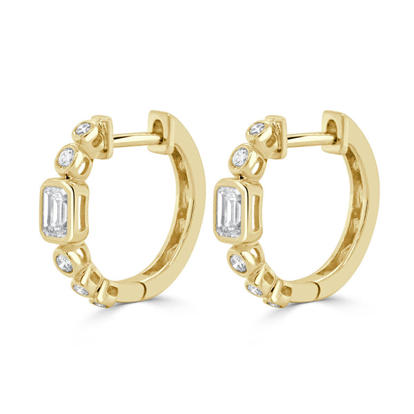 14K Gold Round and Emerald Cut Diamond Earrings - 0.60ct - 1