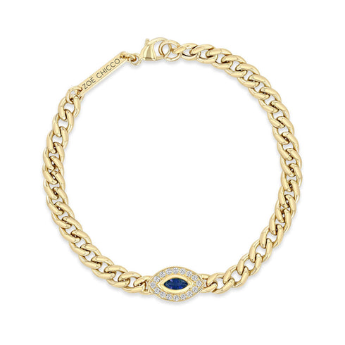 14k Medium Curb Chain Marquise Blue Sapphire Halo Bracelet - 1