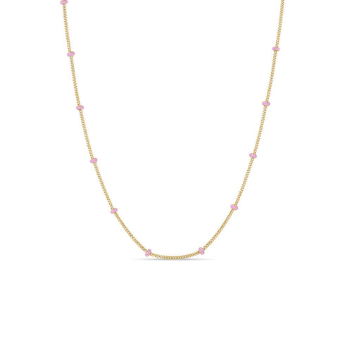 14k Gold Pink Enamel Satellite Chain Necklace - 1