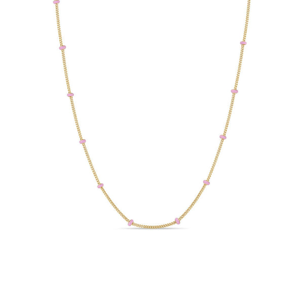 14k Gold Pink Enamel Satellite Chain Necklace - 1