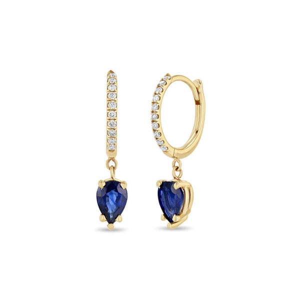 14k Medium Pavé Diamond Hinge Huggie Hoops with Pear Blue Sapphires - 1