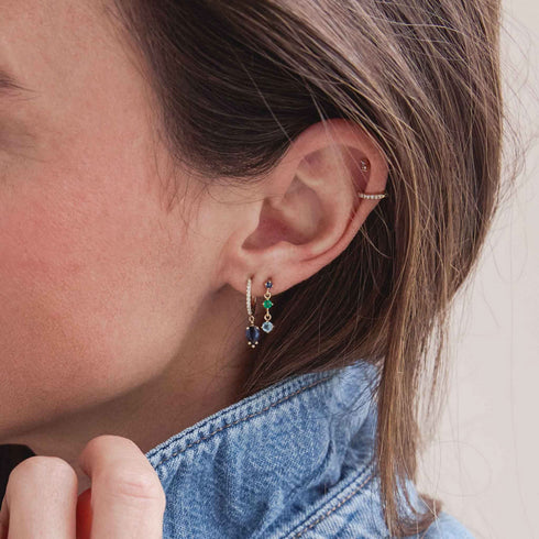 14k Medium Pavé Diamond Hinge Huggie Hoops with Pear Blue Sapphires - 2