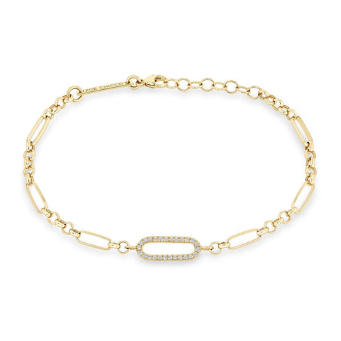 14k Single Pavé Diamond Link Medium Paperclip Rolo Chain Bracelet - 1