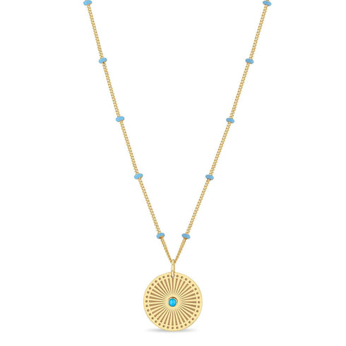 14k Gold Turquoise Sunbeam Medallion Satellite Chain Necklace - 1