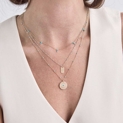 14k Gold Turquoise Sunbeam Medallion Satellite Chain Necklace - 2