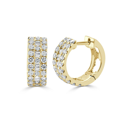 14K Gold Round & Baguette Diamond Huggie Earrings - 1.25ct - 1