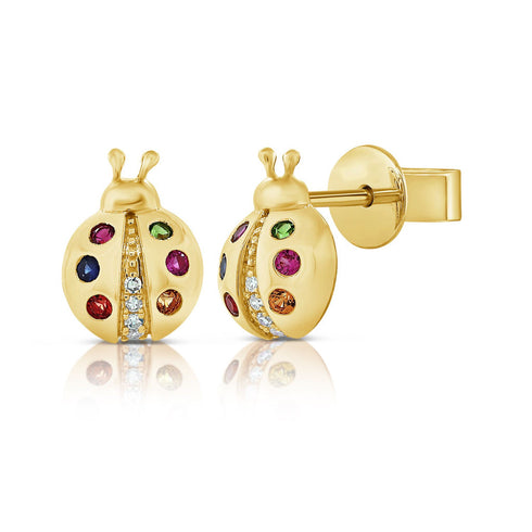 14k Gold Diamond & Sapphire Ladybug Stud Earrings - 1