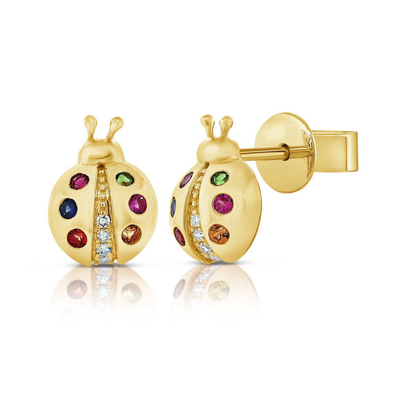 14k Gold Diamond & Sapphire Ladybug Stud Earrings - 1