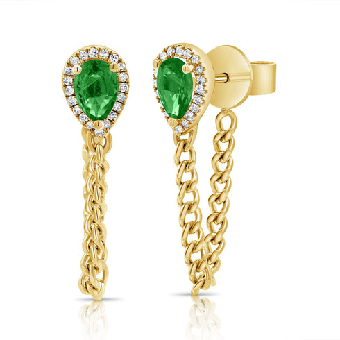 14K Gold Emerald & Diamond Dangle Earrings - 1