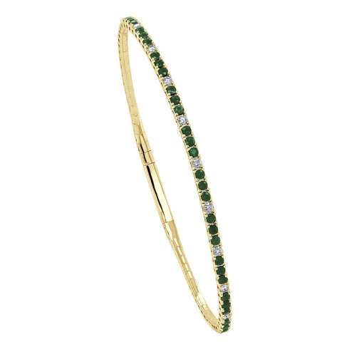 14K Gold Diamond & Emerald Alternating Flexible Bangle - 1