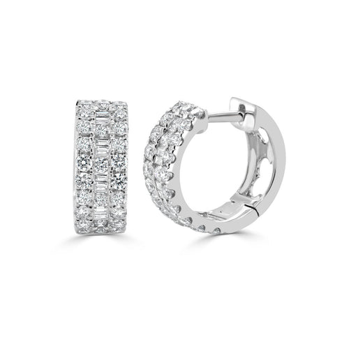 14K Gold Round & Baguette Diamond Huggie Earrings - 1.25ct - 1