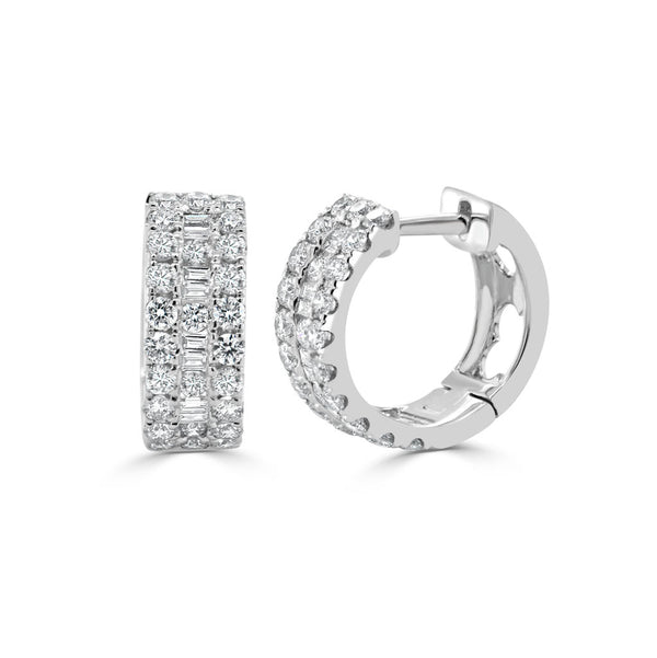 14K Gold Round & Baguette Diamond Huggie Earrings - 1.25ct - 1
