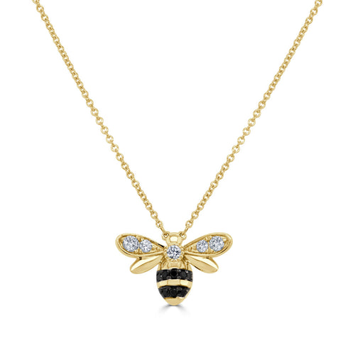 14K Gold Black & White Diamond Bumble Bee Necklace - 0.45ct - 1