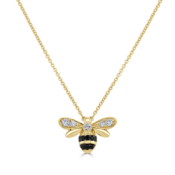 14K Gold Black & White Diamond Bumble Bee Necklace - 0.45ct - 1