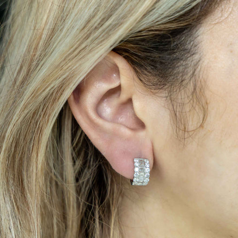 White Gold Huggies With 2.1ctw Round And Baguette Diamonds Earrings - 2