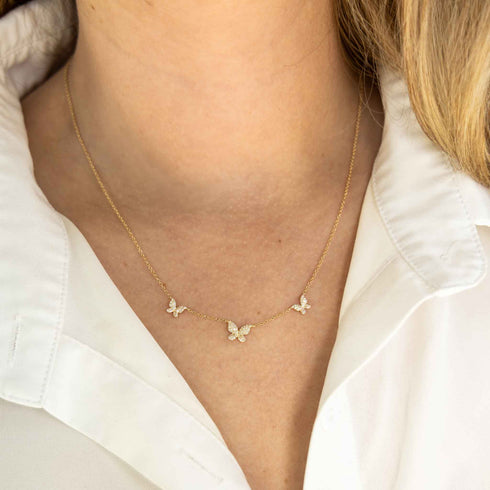 Yellow Gold 3 Butterfly Diamond Necklace - 2
