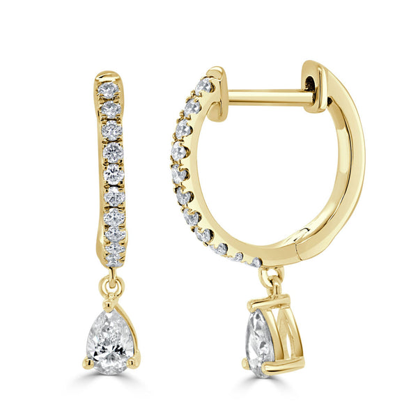 14K Gold & Diamond Pear-Shape Drop Huggie Earrings - 1